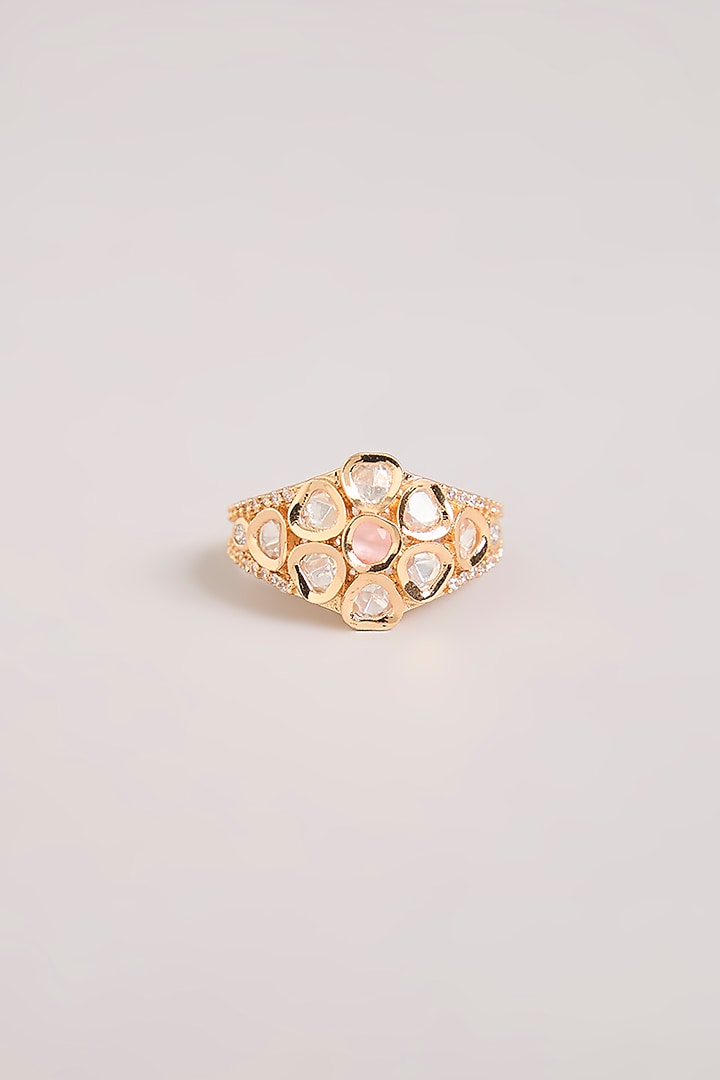 Gold Finish Pink & White Kundan Polki Ring by Aura Trends at Pernia's Pop Up Shop