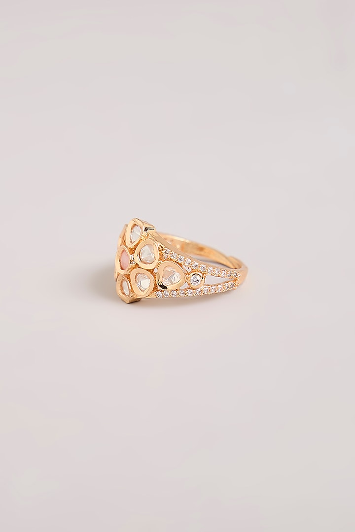 Gold Finish Pink & White Kundan Polki Ring by Aura Trends at Pernia's Pop Up Shop