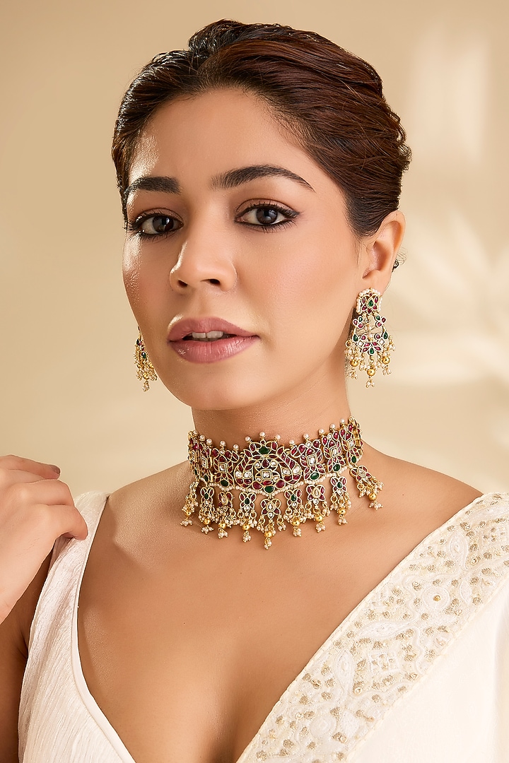 Gold Finish Multi-Colored Kundan Polki Choker Necklace Set by Aura Trends at Pernia's Pop Up Shop