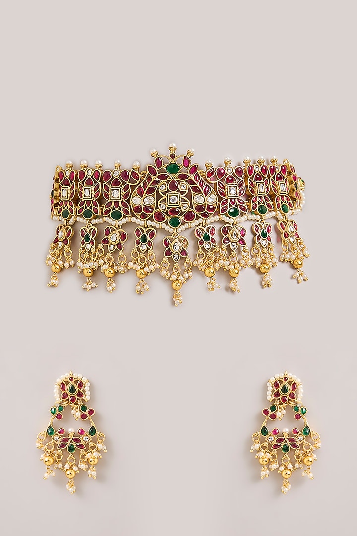 Gold Finish Multi-Colored Kundan Polki Choker Necklace Set by Aura Trends at Pernia's Pop Up Shop