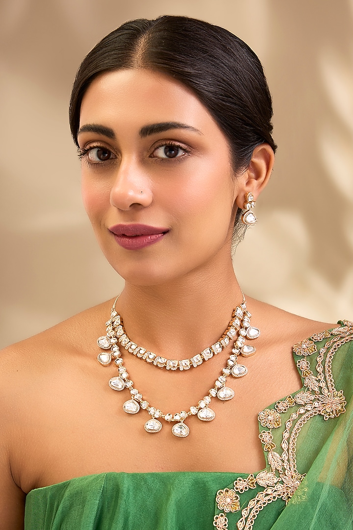 Gold Finish Pearl Drop Layered Necklace Set by Aura Trends at Pernia's Pop Up Shop