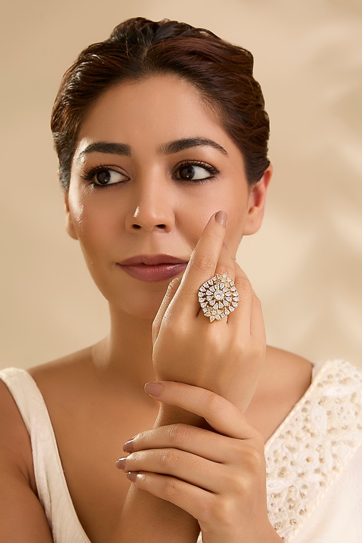 Gold Finish Kundan Polki Kite-Shaped Floral Ring by Aura Trends at Pernia's Pop Up Shop