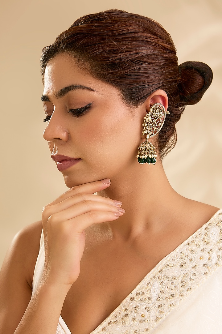 Gold Finish Kundan Polki & Green Stone Dangler Earrings by Aura Trends at Pernia's Pop Up Shop