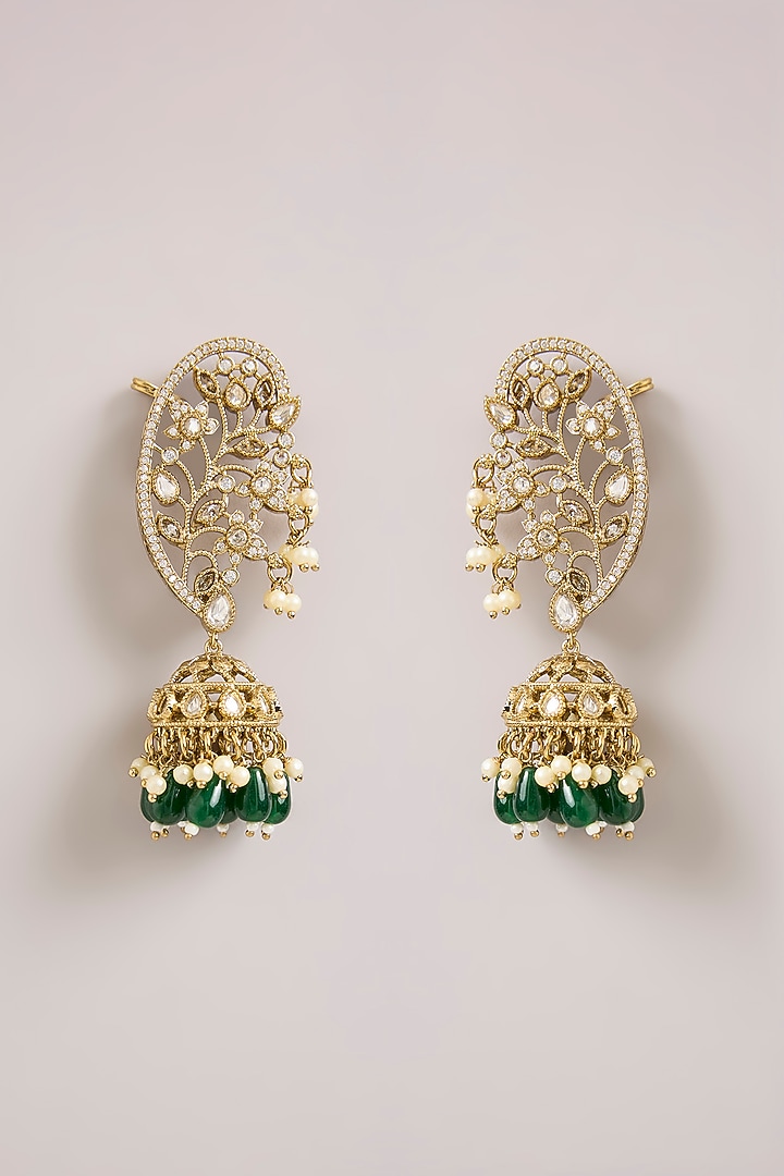 Gold Finish Kundan Polki & Green Stone Dangler Earrings by Aura Trends at Pernia's Pop Up Shop