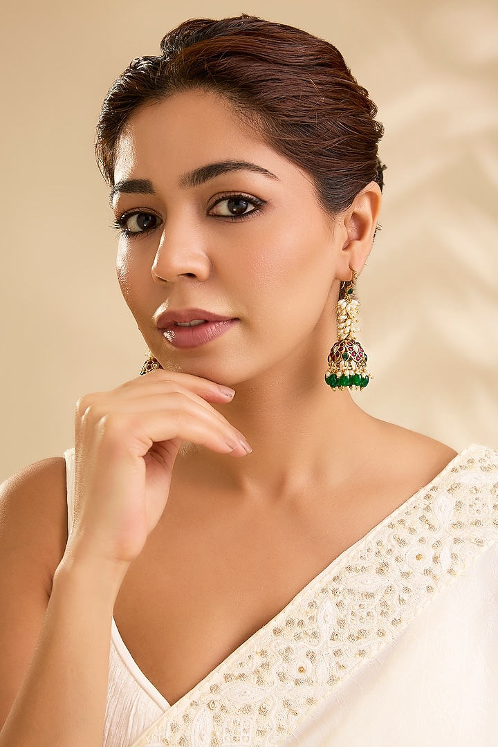 Gold Finish Kundan Polki & Green Beaded Jhumka Earrings by Aura Trends at Pernia's Pop Up Shop