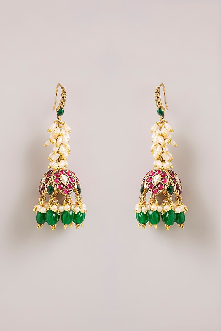 Gold Finish Kundan Polki & Green Beaded Jhumka Earrings by Aura Trends at Pernia's Pop Up Shop