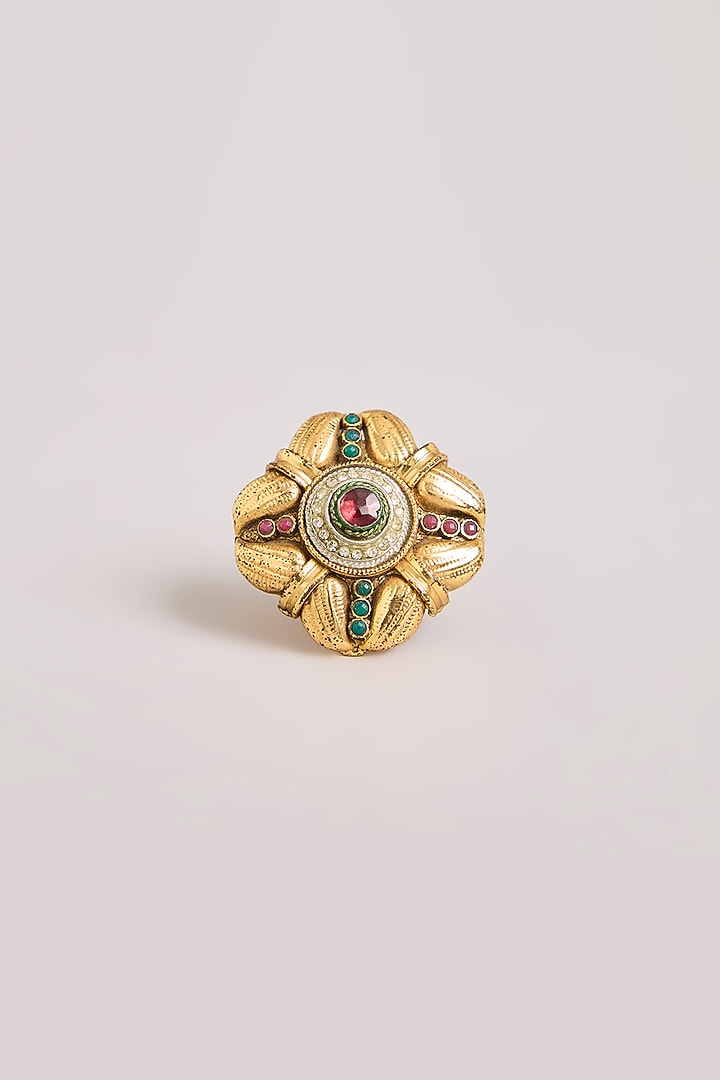 Gold Finish Kundan Polki & Pink Stone Ring by Aura Trends at Pernia's Pop Up Shop