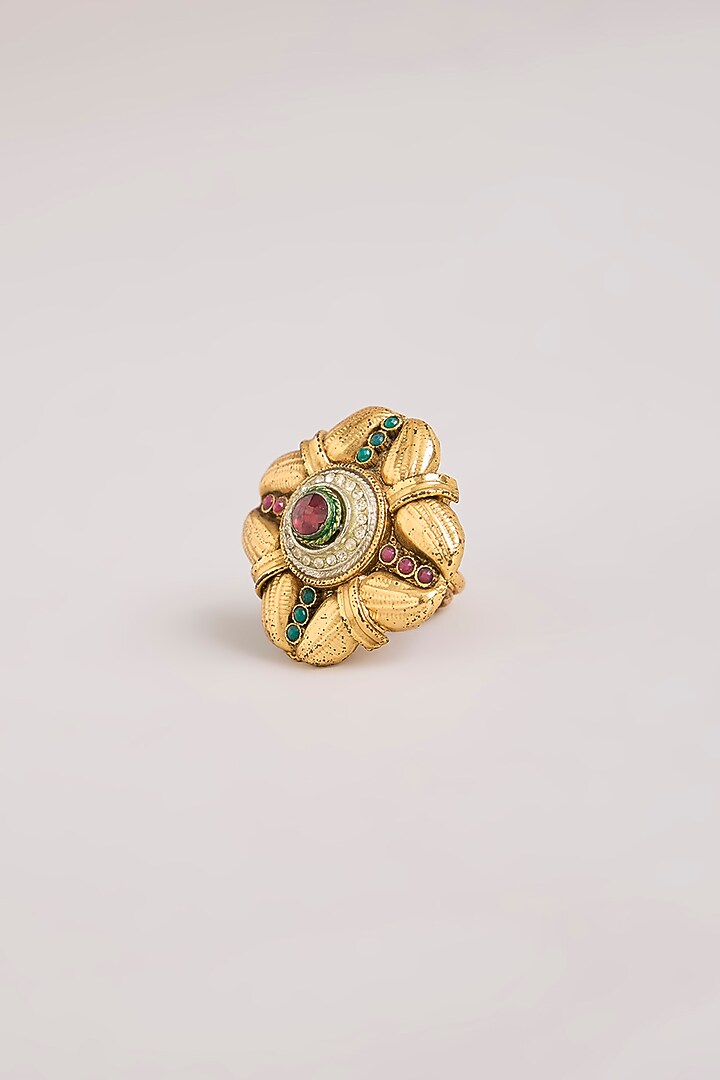 Gold Finish Kundan Polki & Pink Stone Ring by Aura Trends at Pernia's Pop Up Shop