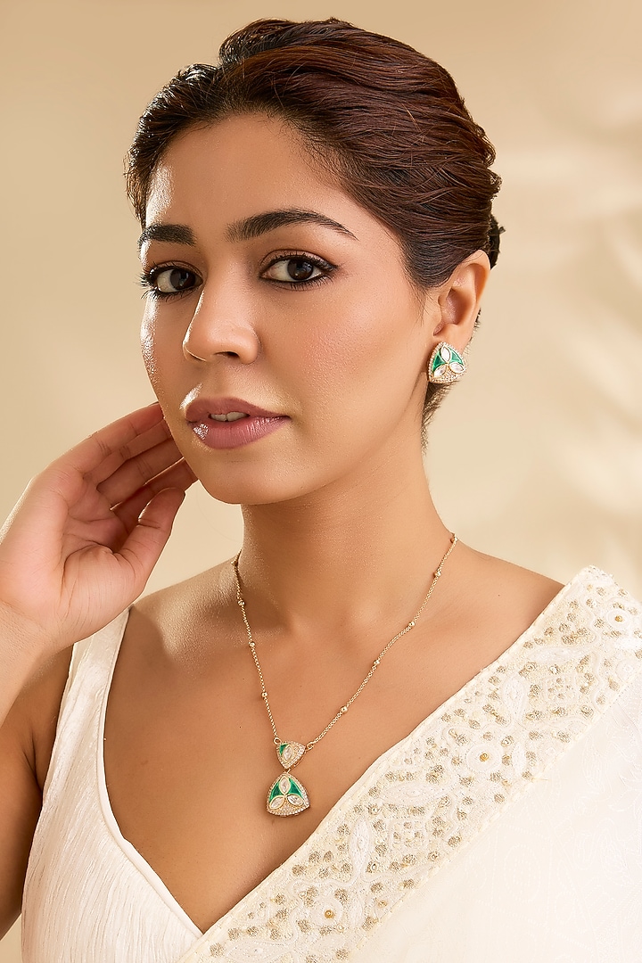Gold Finish Kundan Polki & Green Enameled Pendant Necklace Set by Aura Trends at Pernia's Pop Up Shop