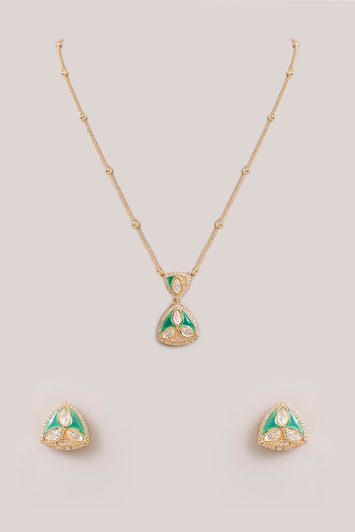 Gold Finish Kundan Polki & Green Enameled Pendant Necklace Set by Aura Trends at Pernia's Pop Up Shop