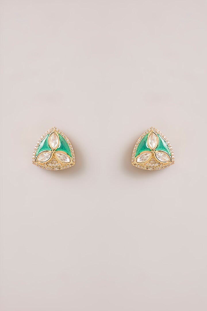 Gold Finish Kundan Polki & Green Enameled Pendant Necklace Set by Aura Trends at Pernia's Pop Up Shop