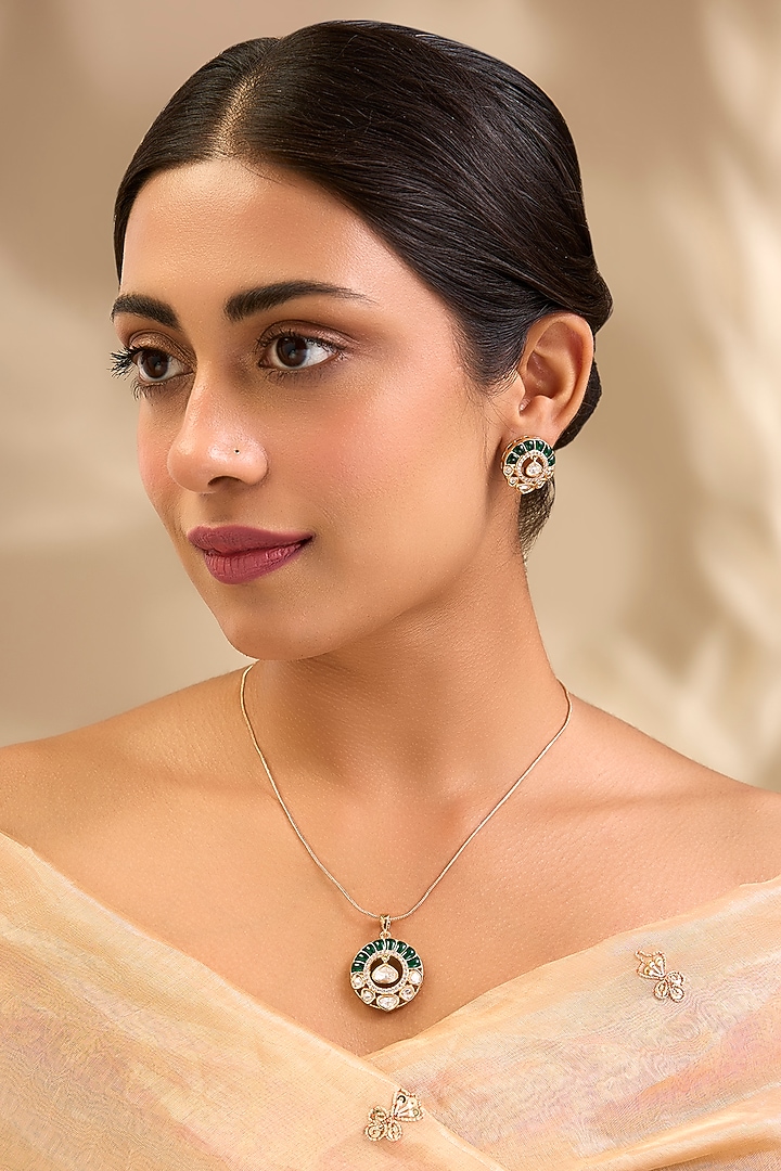 Gold Finish Kundan Polki & Green Gemstone Pendant Necklace Set by Aura Trends at Pernia's Pop Up Shop