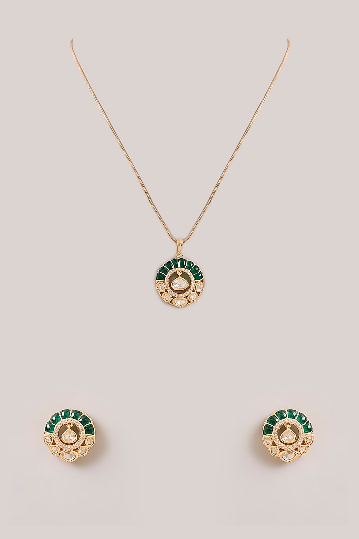 Gold Finish Kundan Polki & Green Gemstone Pendant Necklace Set by Aura Trends at Pernia's Pop Up Shop