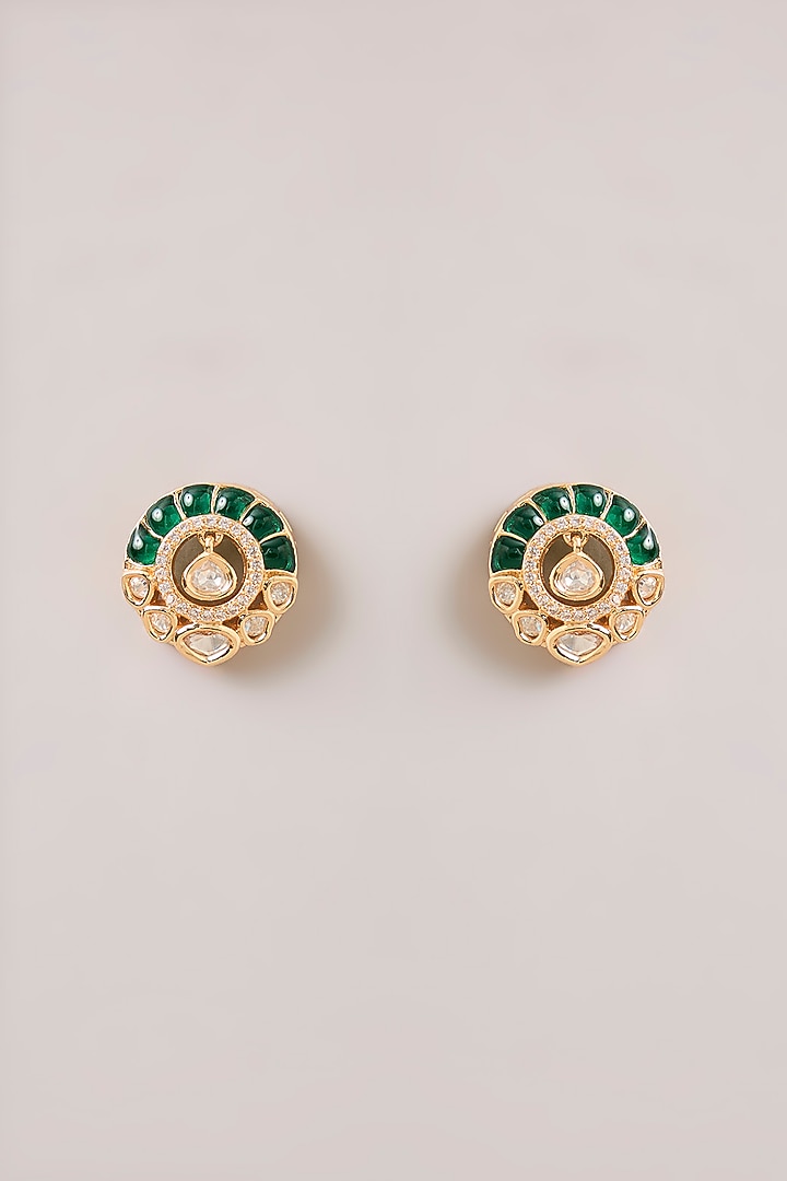 Gold Finish Kundan Polki & Green Gemstone Pendant Necklace Set by Aura Trends at Pernia's Pop Up Shop