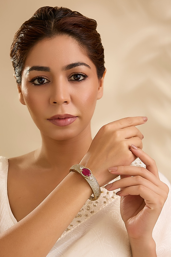 Gold Finish American Diamond & Pink Stone Bracelet by Aura Trends at Pernia's Pop Up Shop