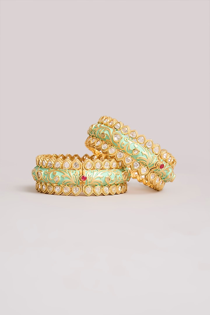 Antique Gold Finish Kundan Polki & Ruby Stone Bangles (Set Of 2) by Aura Trends at Pernia's Pop Up Shop