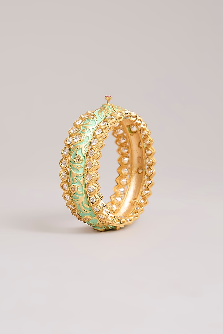 Antique Gold Finish Kundan Polki & Ruby Stone Bangles (Set Of 2) by Aura Trends at Pernia's Pop Up Shop