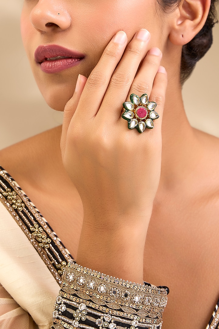 Gold Finish Kundan Polki & Pink Stone Green Meenakari Floral Ring by Aura Trends at Pernia's Pop Up Shop