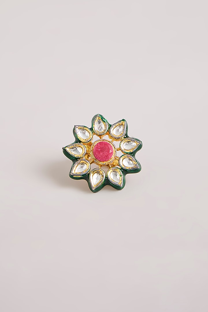 Gold Finish Kundan Polki & Pink Stone Green Meenakari Floral Ring by Aura Trends at Pernia's Pop Up Shop