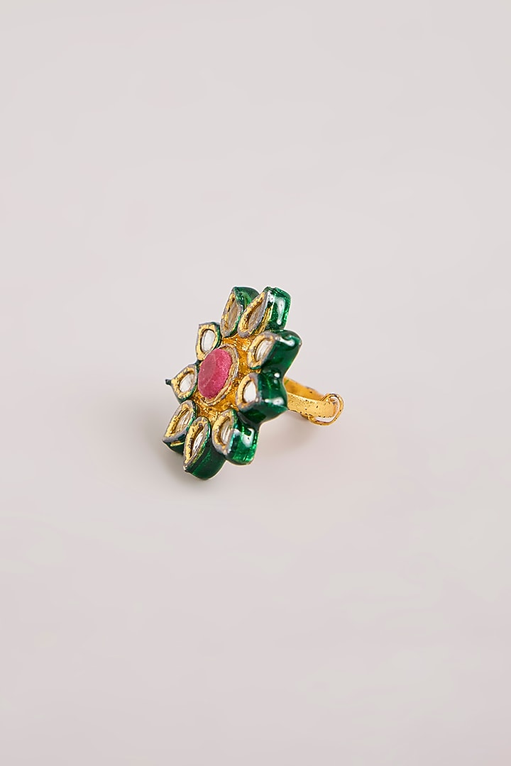 Gold Finish Kundan Polki & Pink Stone Green Meenakari Floral Ring by Aura Trends at Pernia's Pop Up Shop