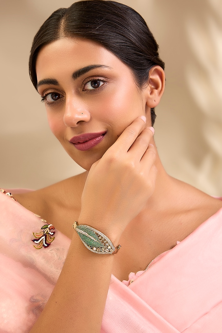 Gold Finish Kundan Polki & Emerald Green Stone Leaf Bracelet by Aura Trends at Pernia's Pop Up Shop