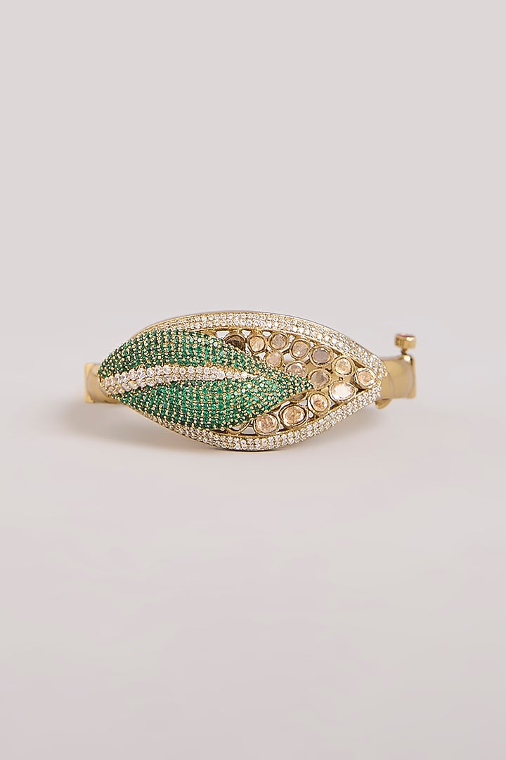 Gold Finish Kundan Polki & Emerald Green Stone Leaf Bracelet by Aura Trends at Pernia's Pop Up Shop