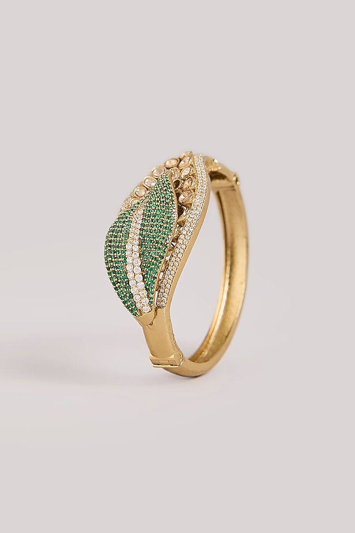 Gold Finish Kundan Polki & Emerald Green Stone Leaf Bracelet by Aura Trends at Pernia's Pop Up Shop