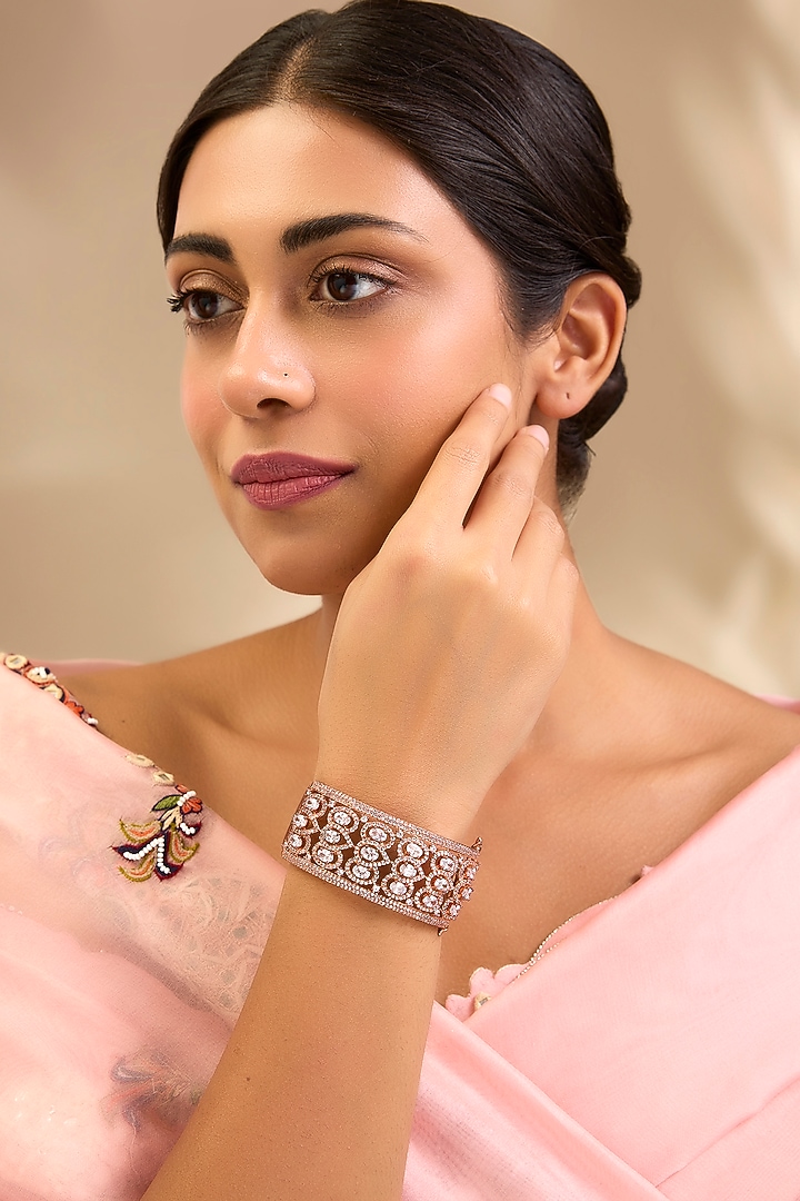 Rose Gold Finish Kundan Polki Cuff Bracelet by Aura Trends at Pernia's Pop Up Shop