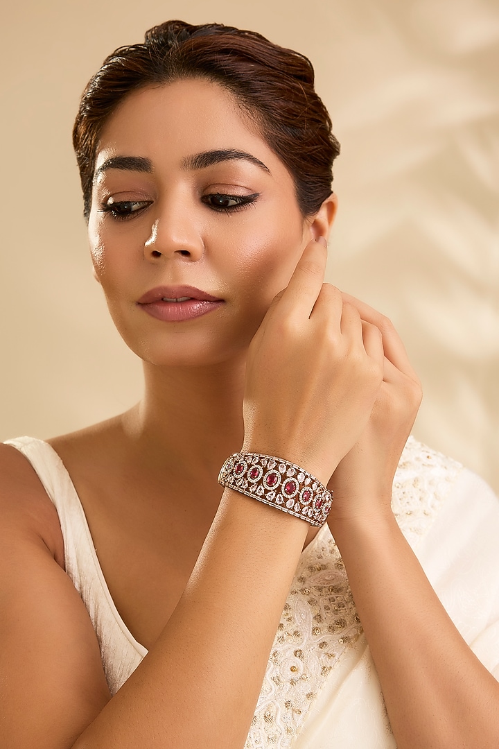 Rose Gold Finish Kundan Polki & Pink Gemstone Cuff Bracelet by Aura Trends at Pernia's Pop Up Shop