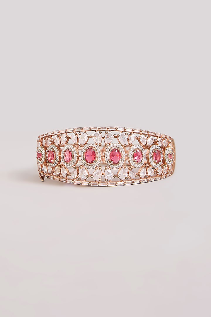 Rose Gold Finish Kundan Polki & Pink Gemstone Cuff Bracelet by Aura Trends at Pernia's Pop Up Shop