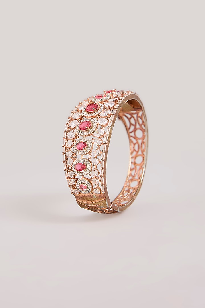 Rose Gold Finish Kundan Polki & Pink Gemstone Cuff Bracelet by Aura Trends at Pernia's Pop Up Shop