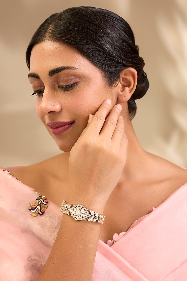 Gold Finish Kundan Polki Floral Cuff Bracelet by Aura Trends at Pernia's Pop Up Shop