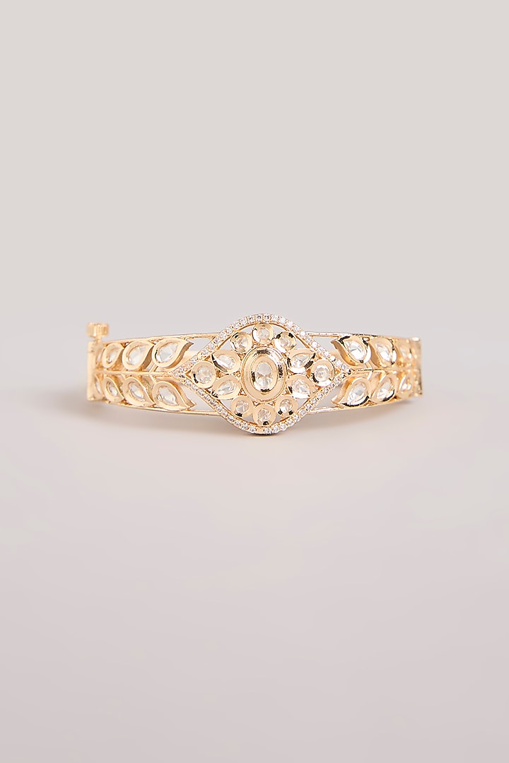 Gold Finish Kundan Polki Floral Cuff Bracelet by Aura Trends at Pernia's Pop Up Shop