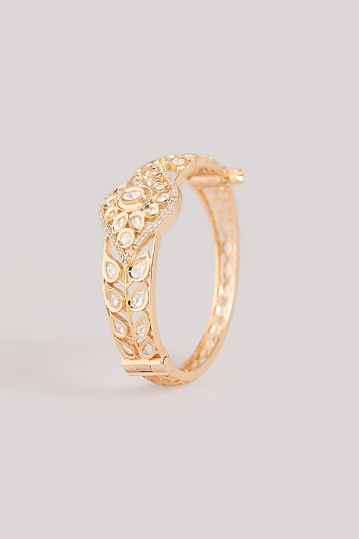Gold Finish Kundan Polki Floral Cuff Bracelet by Aura Trends at Pernia's Pop Up Shop