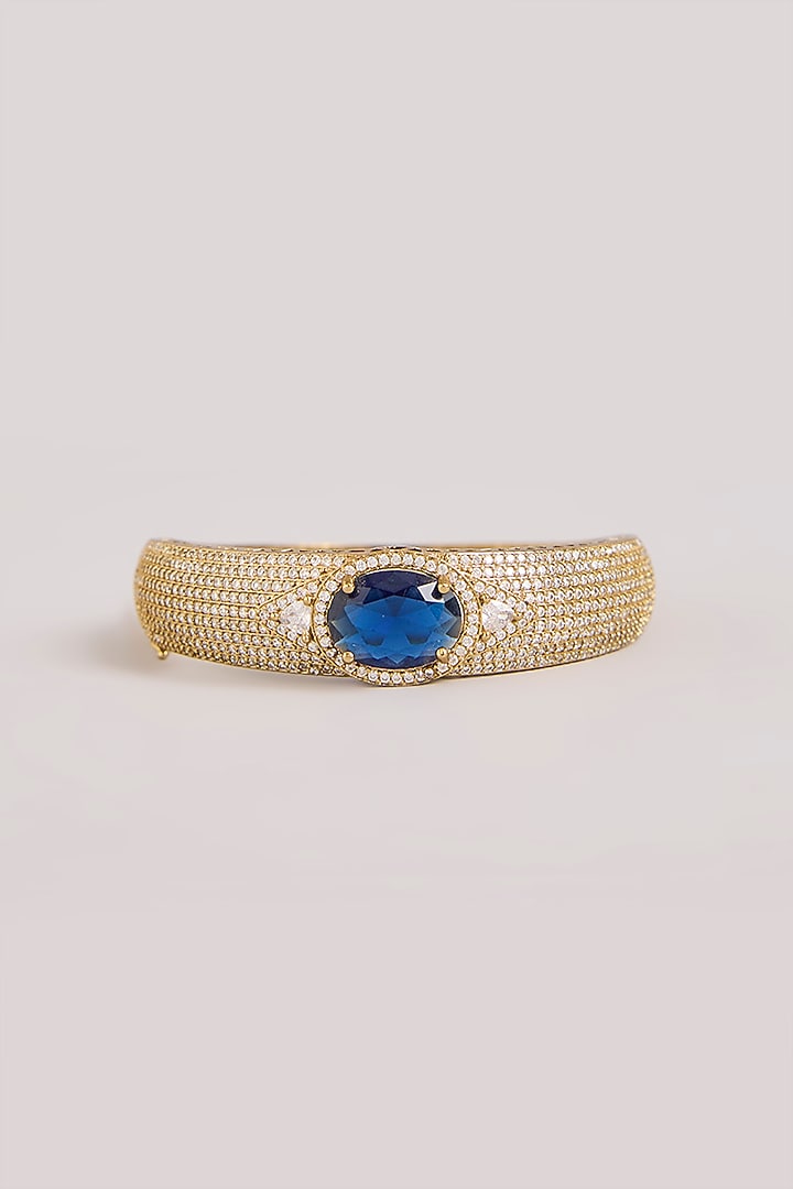 Gold Finish Kundan Polki & Blue Gemstone Cuff Bracelet by Aura Trends at Pernia's Pop Up Shop