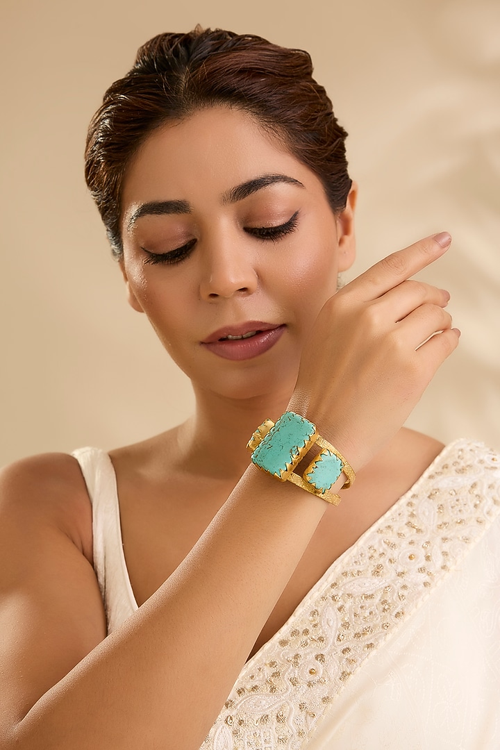 Gold Finish Turquoise Gemstone Cuff Bracelet by Aura Trends at Pernia's Pop Up Shop