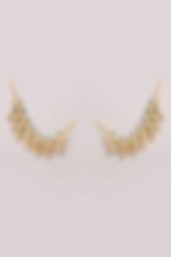 Gold Finish Pearl & Green Beaded Earchains (Set Of 2) by Aura Trends at Pernia's Pop Up Shop