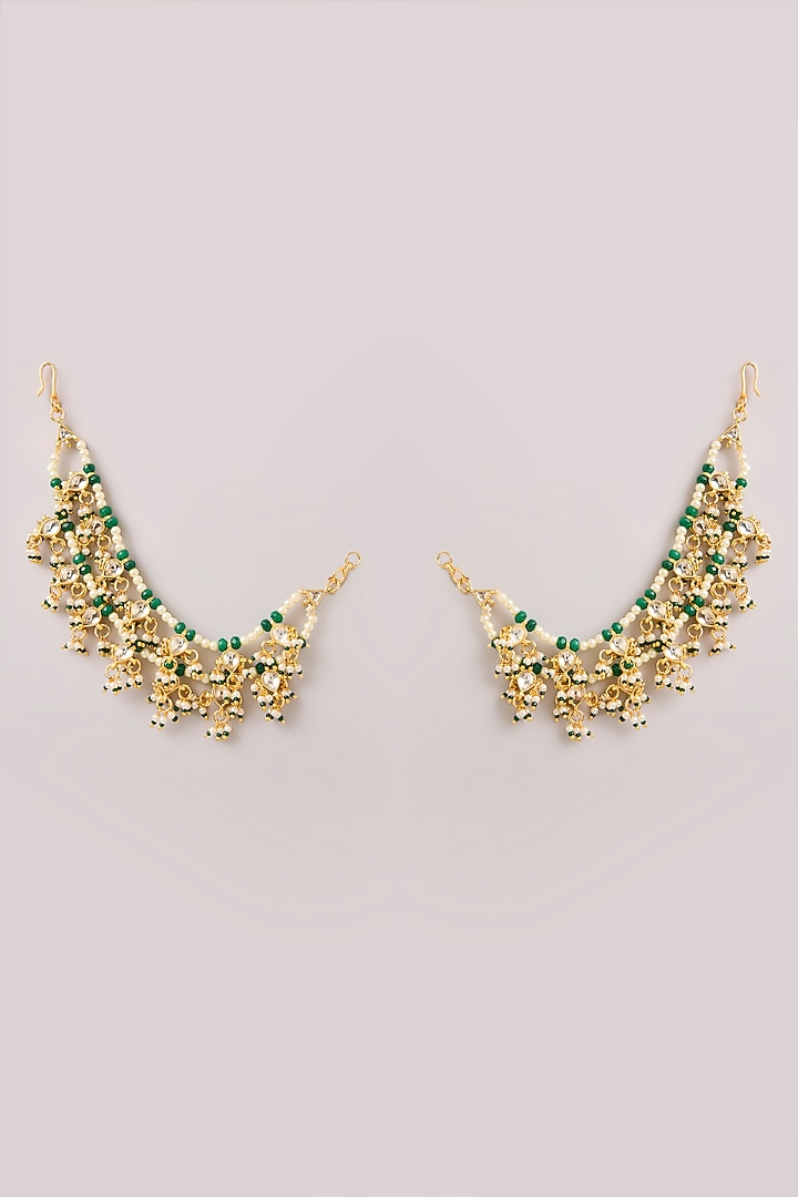 Gold Finish Pearl & Green Beaded Earchains (Set Of 2) by Aura Trends at Pernia's Pop Up Shop