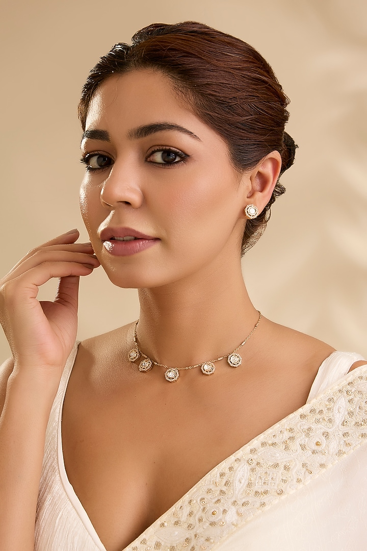 Gold Finish Kundan Polki Necklace Set by Aura Trends at Pernia's Pop Up Shop