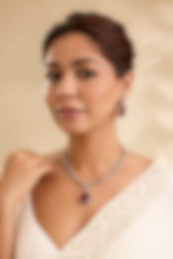 Silver Finish Oval-Shaped Red Gemstone Pendant Necklace Set by Aura Trends at Pernia's Pop Up Shop