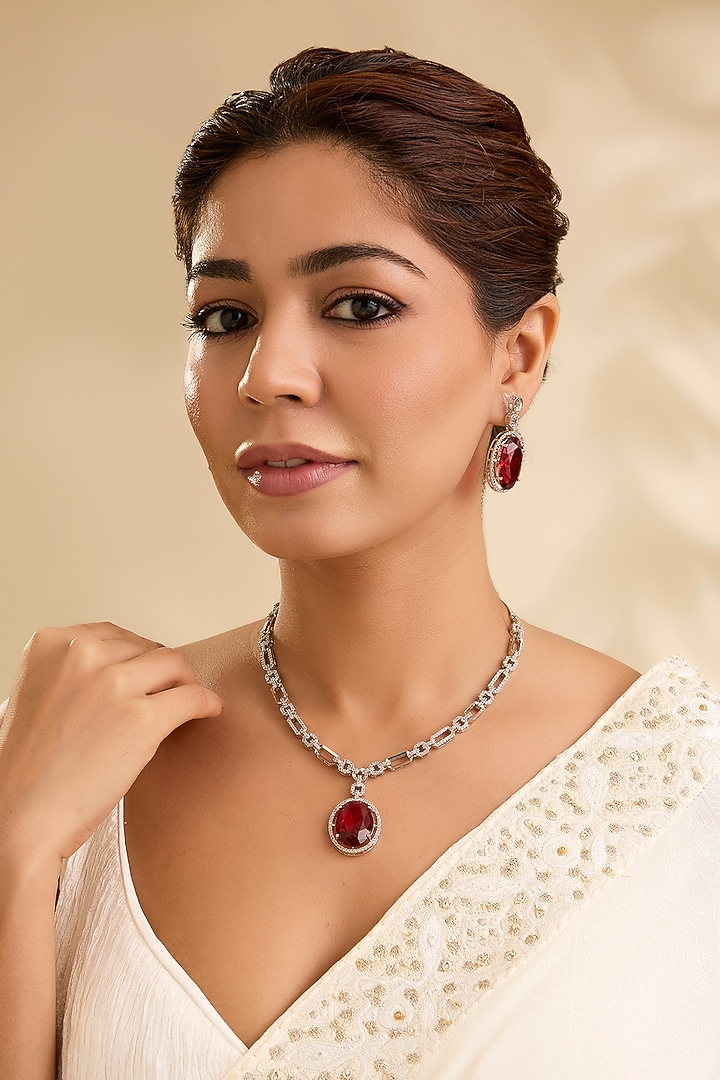 Silver Finish Oval-Shaped Red Gemstone Pendant Necklace Set by Aura Trends at Pernia's Pop Up Shop