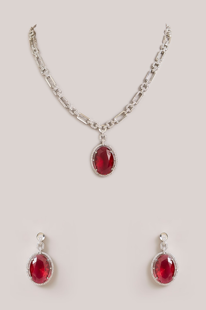 Silver Finish Oval-Shaped Red Gemstone Pendant Necklace Set by Aura Trends at Pernia's Pop Up Shop