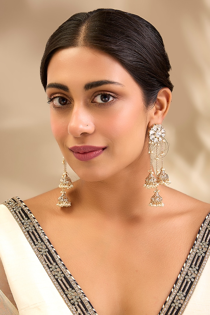 Gold Finish Floral Kundan Polki & Pearl Beaded Dangler Earrings by Aura Trends at Pernia's Pop Up Shop