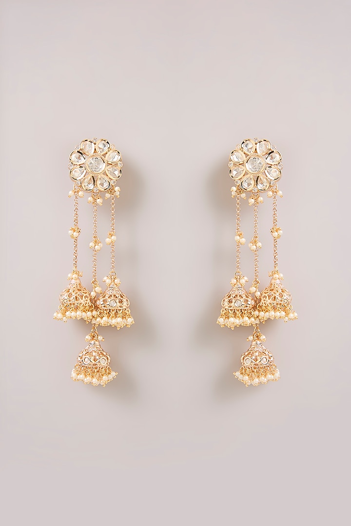 Gold Finish Floral Kundan Polki & Pearl Beaded Dangler Earrings by Aura Trends at Pernia's Pop Up Shop