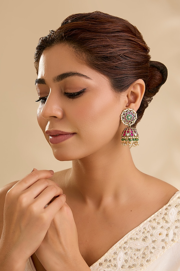 Antique Gold Finish Floral Kundan Polki & Green Beaded Jhumka Earrings by Aura Trends at Pernia's Pop Up Shop