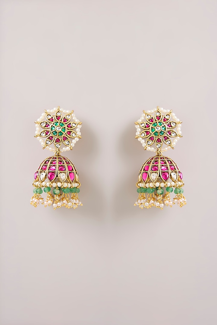 Antique Gold Finish Floral Kundan Polki & Green Beaded Jhumka Earrings by Aura Trends at Pernia's Pop Up Shop