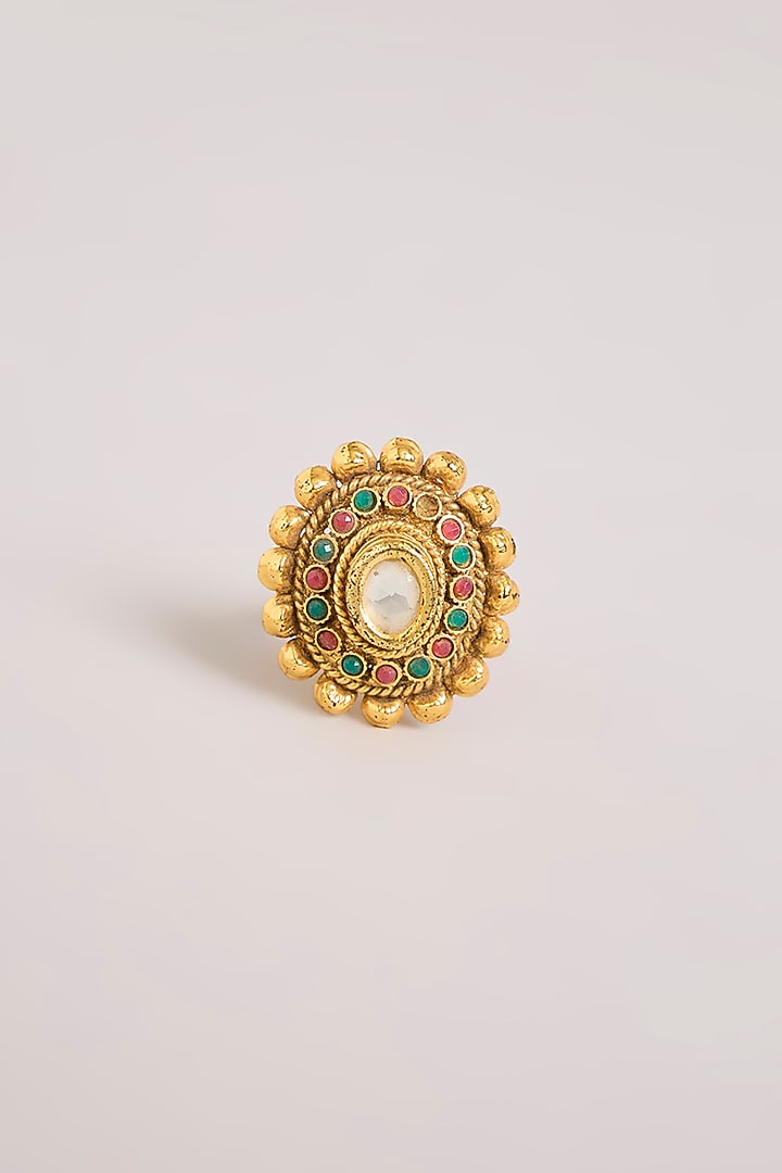 Gold Finish Green Stone & Pearl Ring by Aura Trends at Pernia's Pop Up Shop