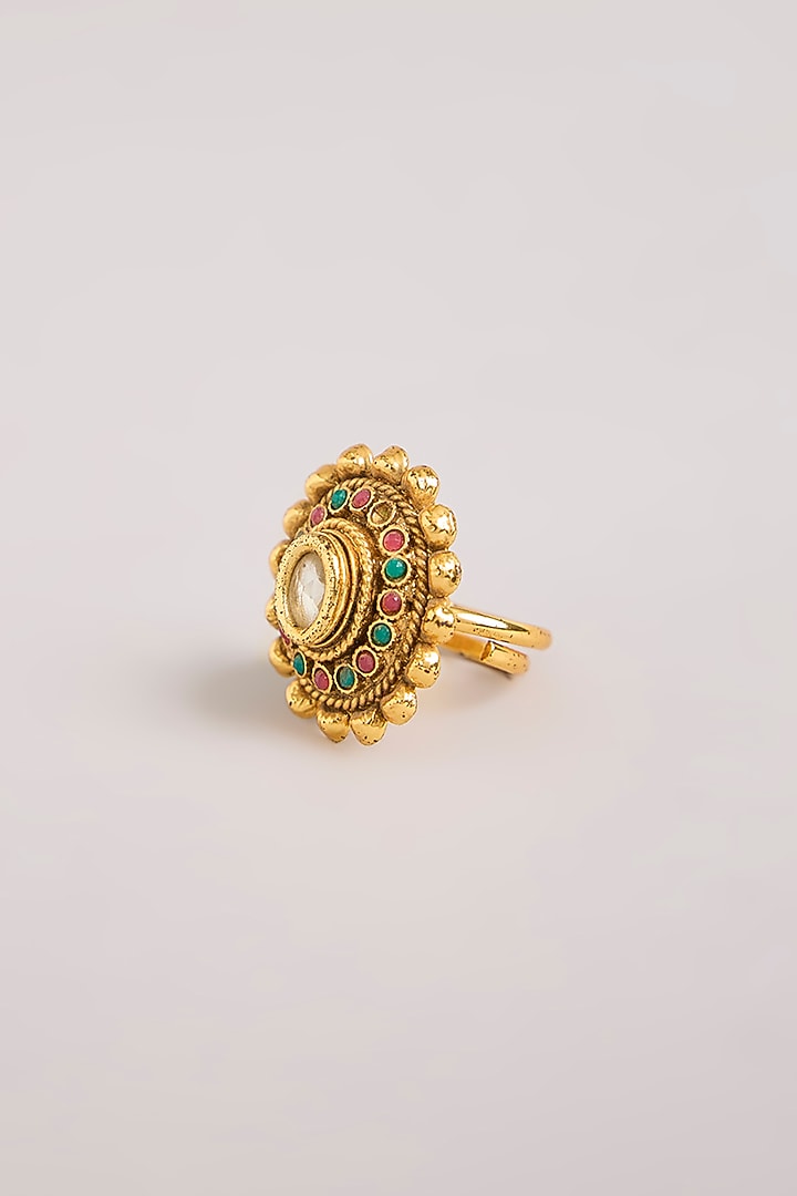 Gold Finish Green Stone & Pearl Ring by Aura Trends at Pernia's Pop Up Shop