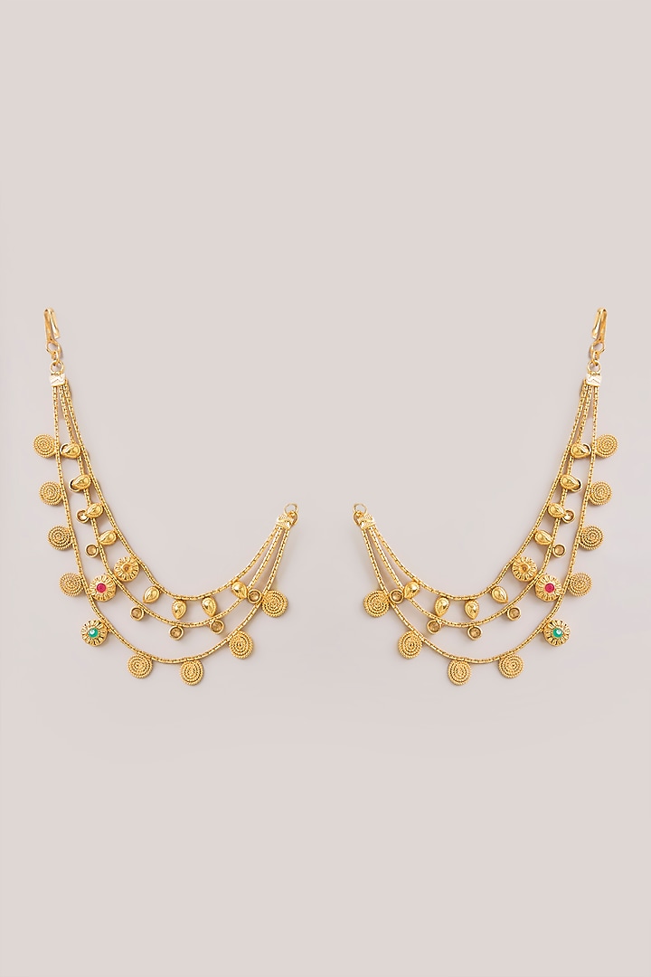 Gold Finish Floral Kundan Polki Layered Earchains by Aura Trends at Pernia's Pop Up Shop