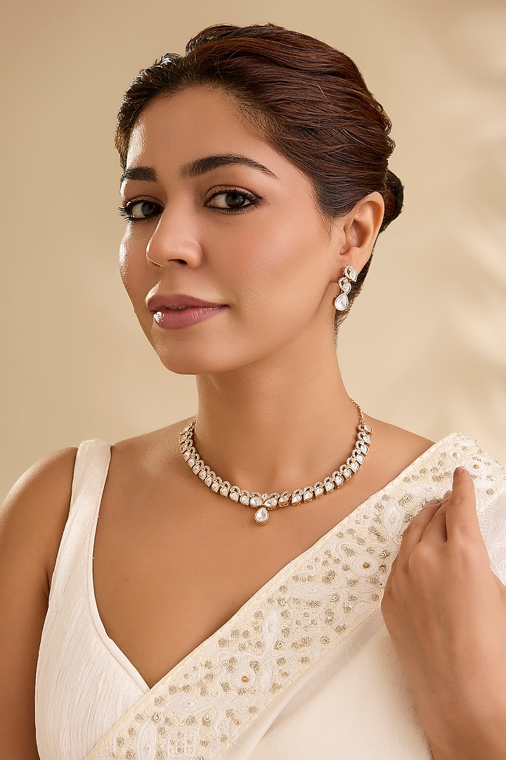 Gold Finish Marquise-Cut Crystal Necklace Set by Aura Trends at Pernia's Pop Up Shop